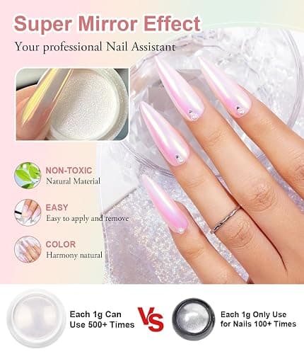 BISHENGYF Gold Chrome Nail Powder: Superspiegel-Nagelglitzer, Metal Holo Cromepulver Nägel Gel Pigment Weiß Aurora Glazed Donut Glassy Pearl Nagelpuder, Silver Nagelkunstsalon DIY Design Dekor(6PCS) thumbnail 5