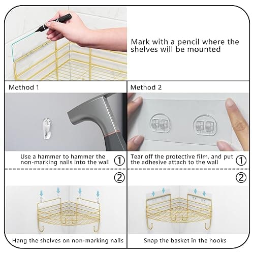 Corner Shower Shelves with 4 Hooks, 2-Tier Stainless Steel Bathroom Shower Organizers, Wall Mounted Caddy Shelves No Drilling with Adhesive, Triangle Storage Shelf for Toilet, Dorm and Kitchen, Gold thumbnail 6