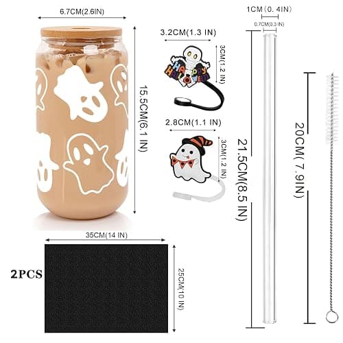 ANOTION Halloween Mugs - 18oz Halloween Ghost Decorations Glass Cups Tumbler for Iced Coffee, Glassware Cookie Jar Decor Gift Drinking Water Bottles thumbnail 3