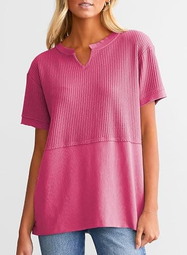 SHEWIN Womens Casual V Neck Waffle Knit Tops Short Sleeve T Shirts Loose Blouses thumbnail 2