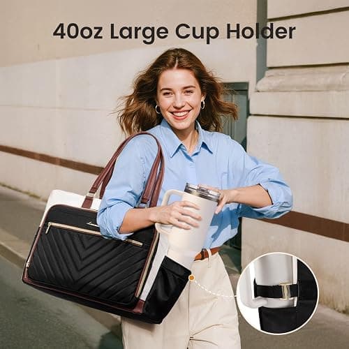 LOVEVOOK Teacher Tote Bag for Women, Work Laptop Bag Gift with Large Cup Holder, Quilted Nurse Bag Diaper Tote with Multi-Pockets, Large Computer Handbag Purse for Bussiness Travel, Office, College thumbnail 3