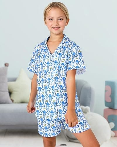 Zelbuck Girls Summer Outfit, Kids 2 Piece Button Down Monkey Beach Shorts Set Ugly Animal Y2k Preppy Loungewear Pjs - Light Blue - 10-11 Years thumbnail 3