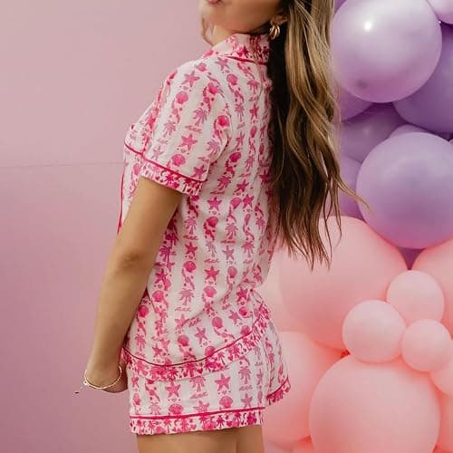 Women's Preppy Tropical Palm Pajama Set Soft Pink Starfish & Seashell PJS Comfortable Sleepwear Lounge Set thumbnail 3