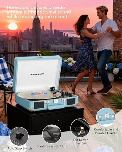 Bluetooth Suitcase Record Player with Built‑in Speakers, Bass & Treble Control, 3‑Speed Belt‑Drive Turntable with Auto‑Stop, RCA & AUX Output, Portable Vinyl Player for 33 45 78RPM LPs thumbnail 3