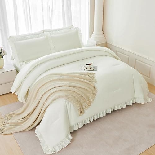 ANGIYUIN 5Pcs Full Szie Comforter Set Ivory Ruffle Bed in A Bag with Sheets Beige Farmhouse Aesthetic Bedding Comforter Set Soft Fluffy Bed Sets for Kids Teens(Ivory Full) thumbnail 3