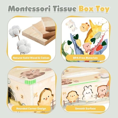 Vanplay Jouet Bebe 1 an, Jouet Montessori 1 2 3 Ans, Conception de Boîte à Mouchoirs Jouet en Bois, Jeux Enfants Cadeau Enfant 1 2 3 Ans Garcon Fille thumbnail 6
