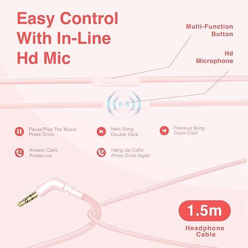 MIDOLA Wired Headphones Over-Ear Hi-Fi Sound with Microphone Adjustable Foldable, 1.5M Cord & 3.5mm Jack, Lightweight Headset for Kids Adults PC iPad Laptop Pink thumbnail 6