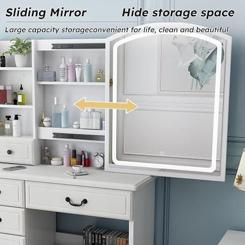 Runboll Makeup Vanity Desk with Mirror and Lights, Dressing Table Set with Stool, Makeup Table with 6 Drawers and Shelves Storage, 3 Lighting Modes, Brightness Adjustable thumbnail 4