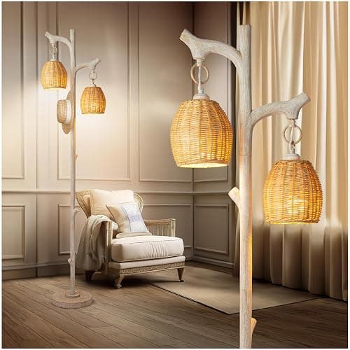 68" High Farmhouse Rustic Country Cottage Floor Lamp Tree Trunk Faux Wood Column White Washed Wicker Drum Shade Decor for Living Room Bedroom Reading Room - Image 1