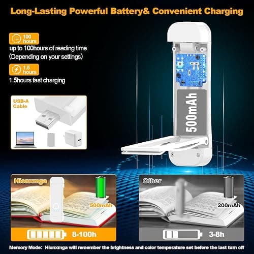 HIONXMGA Book Reading Light,Silent Touch Books Lamp for Reading in Bed,Rechargeable Clip on Booklight with 3 Amber Colors & 7 LEDs Precise Dimming for Eye Caring Night Reading,Book Lovers,Kids,White thumbnail 4