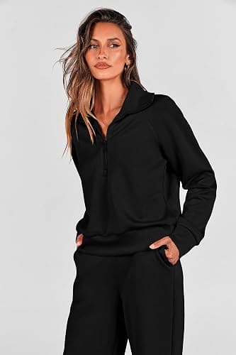 PRETTYGARDEN Women's 2 Piece Outfits Casual Lapel Half Zip Sweatshirts and Wide Leg Pants Tracksuit Sets thumbnail 3