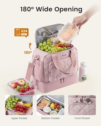 LOVEVOOK Insulated Lunch Bags for Women, Double Deck Pink Lunch Box | Quilted Puffer Lunch Bag Women, Fit and Fresh, Wide Opening Loncheras Para Mujer, Large Lunch Cooler For Work Travel Teacher thumbnail 5