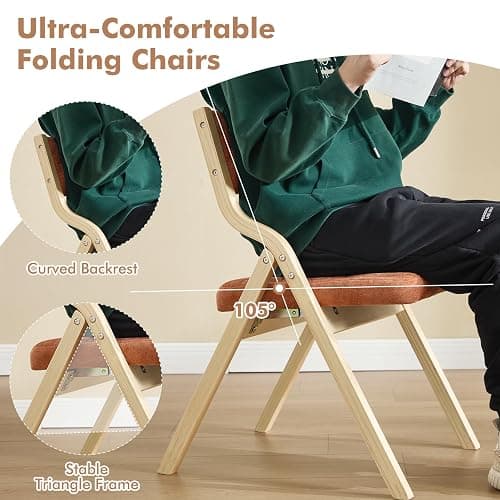 choairy 4-Pack Folding Dining Chairs with Cushion,Padded Foldable Dining Chairs,Portable Wooden Folding Chairs with Tufted Buttons Seat for Dining Rooms Kitchen Wedding and Party Indoor Orange thumbnail 7