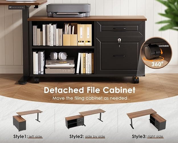 OffiGo 55 Inch L Shaped Electric Standing Desk with Drawers & File Cabinet Sets, Executive Sit Stand Desk, Height Adjustable Computer Desk for Home Office, Writing, Workstation, Walnut+Black thumbnail 5