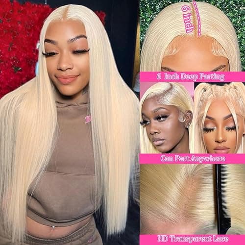 26 Inch 613 Lace Front Wig Human Hair Blonde 13X6 HD Transparent Lace Front Wigs Human Hair 180% Density Blonde Glueless Wigs 613 HD Straight Lace Frontal Wig Pre Plucked thumbnail 3
