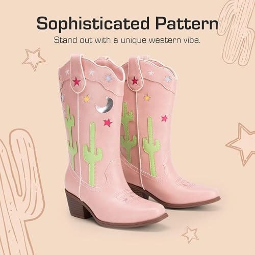 DREAM PAIRS Girls Cowboy Boots Cowgirl Mid Calf Western Boots with Low Heel Square Toe for Little Kid/Big Kid thumbnail 5