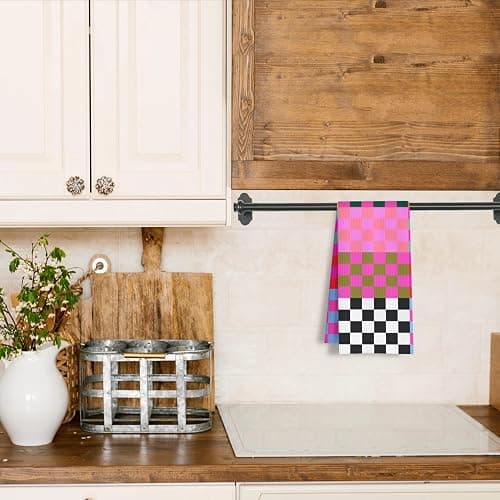 HSIASHENG Preppy Checkered Kitchen Towels, Vibrant Funky Checkered Dish Tea Towels, Retro Trendy Plaid Checkerboard Decorative Hand Towel for Bathroom Kitchen Spa Gym, 16x24 Inch thumbnail 2