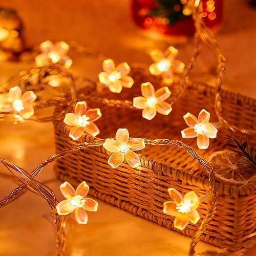 Decorative 100 LED Warm White Cute Cherry Blossom Flower Fairy Light String | 33ft Plug in Yellow Floral Lamp for Bedroom, Wall, Window, Garden, Christmas, Wedding Party, Birthday Banner Hanging Decor - Image 1