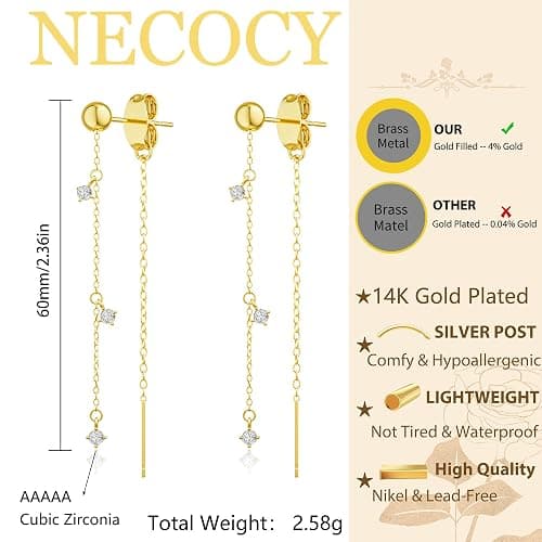 NECOCY Gold Dangle Earrings for Women Non Tarnish 14K Gold Plated Drop Wedding Hypallergenic Earring Dainty Long Hanging Chain CZ Pearl Threader Earrings Trendy Silver Plated Jewelry for Women thumbnail 4