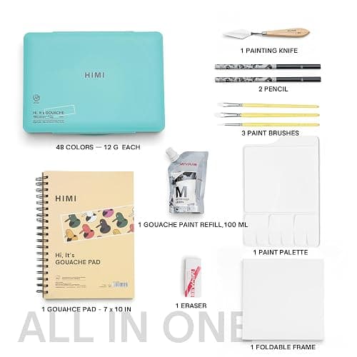 HIMI 48 Colors Twin Cup Jelly Gouache Paint Set, – Complete Art Kit with Pad, Paint Refill, Palette, Brushes, Painting Knife, Foldable Frame for Beginners, Students & Artists thumbnail 3