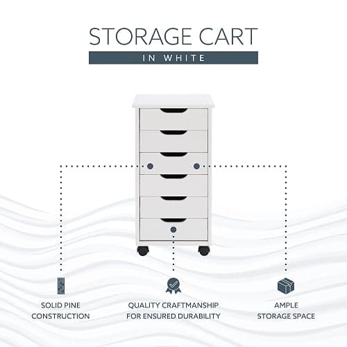 Linon Home Decor Products Corinne Six Drawer Storage, White Wash Rolling Cart - White Wash - Six Drawers thumbnail 9