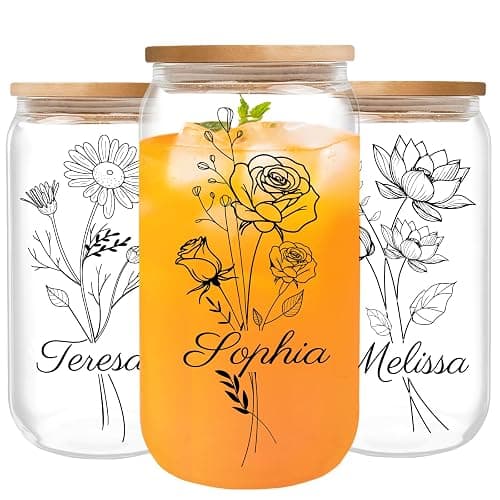 Custom Glass Cup With Birth Flower - 16 Oz Personalized Tumbler With Lid and Straws - Anniversary Birthday Gifts for Women, Bridesmaids, Mom, Girlfriend thumbnail 8