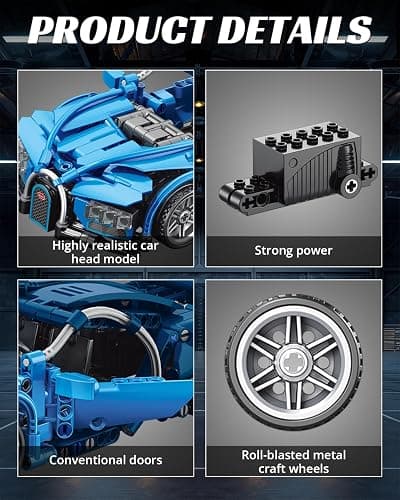Nueris 1:18 Technic Super Sports Cars Model Sets - 423 PCS Blue MOC Building Block Car Raceing Engineering Toys - Gift Idea for Adults Boys Girls for Play and Display Collection thumbnail 4