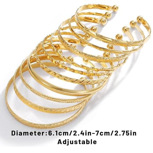 IFKM Gold Bangles Bracelets For Women, 14k Gold Plated Multi Layer Stackable Open Bracelet Set, Elegance Trendy Charms Non Tarnish Minimalist Textured Boho Jewelry Gift for Women thumbnail 7