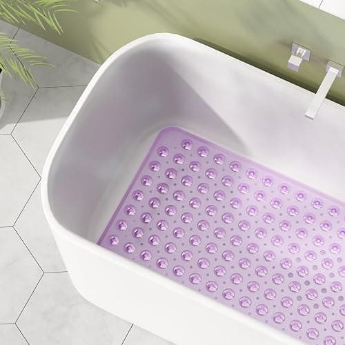 AmazerBath Shower Mat Non Slip 40 x 16 Inches, Shower Stall Mats with Suction Cups and Drain Holes, Non Slip Bath Mat for Tub for Elderly & Kids, Clear Purple thumbnail 2