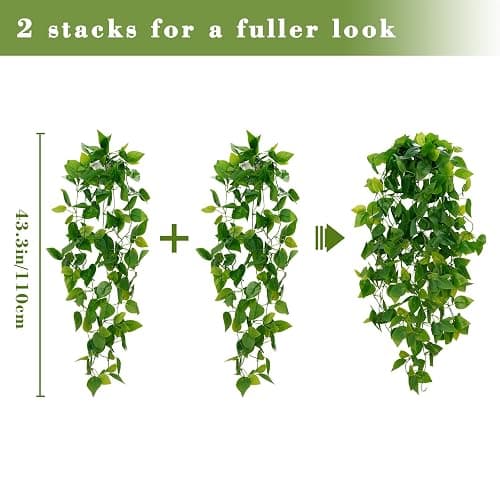 BLEUM CADE Fake Hanging Plants, 2pcs Artificial Hanging Plant, Faux Pothos Vines Hanging Plant Greenery for Wall Home Living Room Indoor Outdoor Decor (No Baskets) - Pothos Ivy Vines - 2pcs thumbnail 3