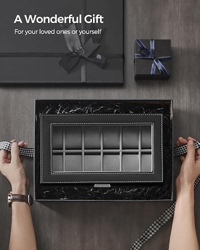 SONGMICS Watch Box, 12-Slot Watch Case Organizer with Large Glass Lid, 2 Layers, Removable Pillows, Metal Lock, Gift for Loved Ones, Black Synthetic Leather, Christmas Gift, Gray Lining UJWB012 thumbnail 7