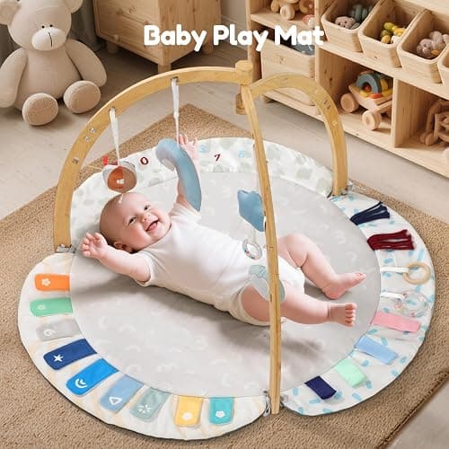 EXIN DECHEN Baby Play Gym & Activity Mat,Natural Organic Bamboo Frame with 4 Detachable Sensory Toys,Tummy Time Mat,Play Mat for Babies 0-6 Months,Newborn Play Mat,Baby Essentials Gifts thumbnail 6