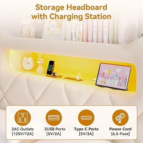 Full Upholstered LED Bed Frame with 2 Storage Drawers and 2-Tier Storage Headboard, Velvet Princess Platform Bed with Charging Station & Bookcase,Heavy Duty Metal Support,No Box Spring Needed,Beige thumbnail 6