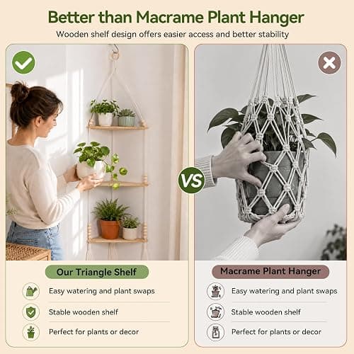 Artilady Macrame Corner Shelf Wall Hanging 3-Tier, Adjustable Boho Wood Plant Shelves Display for Indoor Candle Holder, Bedroom Living Room Home Decor (Beige 3-Tier) thumbnail 4