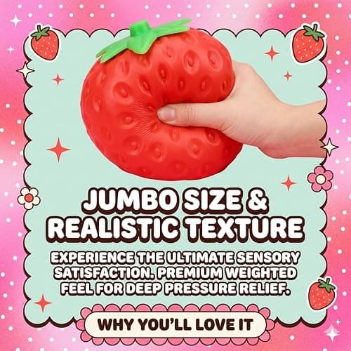 Jumbo Squishy Squeeze, Ultra Slow, Large Shape for Stress Relief, Anxiety | Palm-filling jumbo strawberry squishy with ultra slow rising foam, realistic seed texture, and matte finish thumbnail 2