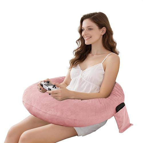 DWCN Reading Pillow for Gaming, Gaming Pillow for Lap Support with Side Pocket & Back Strap for Bed, Sofa, Floor - Arm Rest Pillow for Playing, Working, Sitting, Crocheting (Pink) thumbnail 6