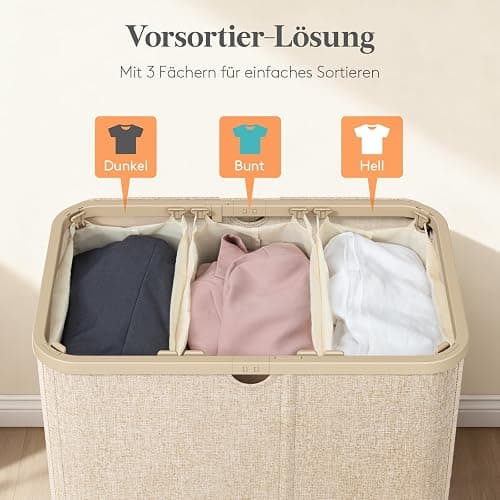 Lifewit 165L Wäschekorb mit Deckel und 3 Fächern, Beige | Großer faltbarer Wäschesortierer mit 3 Wäschesäcken und Tragegriffen für Schlafzimmer, Bad und Waschküche thumbnail 3