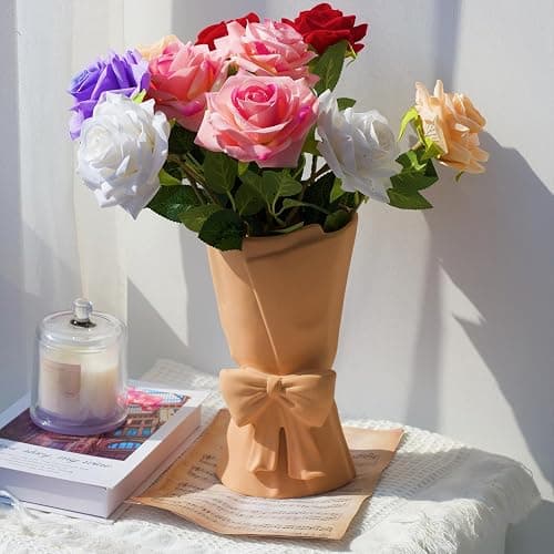 Relexome Beige Ceramic Bow Vase 9.64 in Unique Cute Modern Decorative Bouquet Flower Vases for Home Living Room Table Decor Women Girl Gifts thumbnail 6