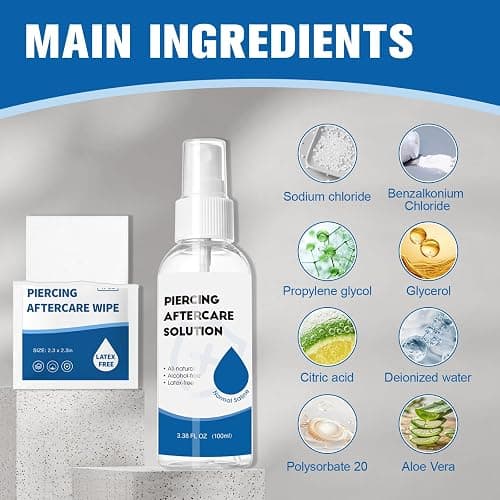 2 in 1 Piercing Aftercare Spray & Wipes Kit: Non-Greasy Saline Solution for Keloid Bump Removal, Piercing Bump Treatment Solution, Ear Nose Lip Belly Piercing Cleaner Wipes(3.38oz + 100ct) thumbnail 2