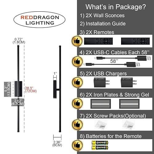 Easy Install Peel and Stick on Battery Operated Wall Sconces Set of 2 Rechargeable, Magnetic Linear Wall Sconce Wireless Long Picture Vanity Wall Light for Living Room Bedroom (2 Pack, 28.3'', Black) thumbnail 6