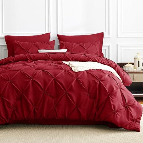 CozyLux King Size Comforter Set Dark Red, 7 Pieces Pintuck Bed in A Bag Red Comforter King Size, Pinch Pleat Bedding Set with All Season Comforter, Sheets, Pillowcases & Shams thumbnail 8