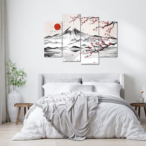 LyerArtork 4 Panel Japanese Ink Painting Wall Art Mount Fuji with Moon Pictures Wall Decor Cherry Blossom Canvas Print Japan Traditional Artwork for Living Room Bedroom Decoration thumbnail 5