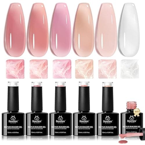 Beetles Builder Gel Set, 6 Colors Jelly Clear Pink Nude Building Gel, 8 in 1 for Instant Apex Thickening, Strengthening Weak Nails & Extension, Beginners DIY Salon at Home Gifts, UV LED Lamp Needed - Image 1