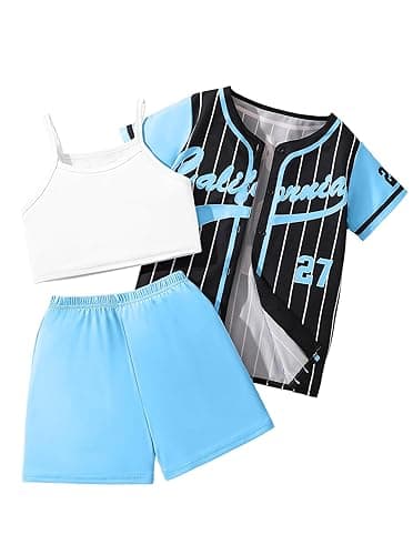 Hilinker Girls Graphic 3 Piece Outfits Short Sleeve Striped Cardigan and Crop Cami with Shorts Set - 11-12 Years - Blue White Black
