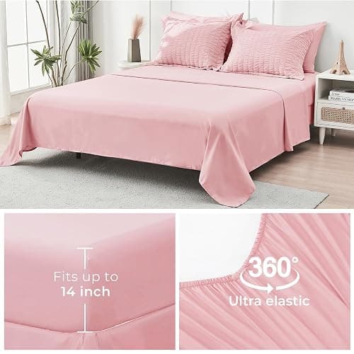 HYMOKEGE Pink Full Size Comforter Sets Seersucker 7 Pieces, All Season Luxury Bed in a Bag for Bedroom, Bedding Set with Comforters, Sheets, Pillowcases & Shams thumbnail 7