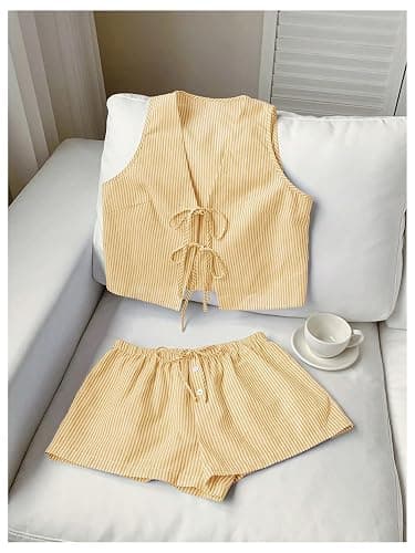 SweatyRocks Women's 2 Piece Summer Outfits Striped Tie Front Bow Sleeveless Top and Shorts Set thumbnail 3