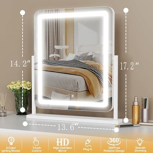 Gvnkvn Lighted Makeup Mirror, Hollywood Vanity Mirror with Lights, Three Color Lighting Modes, and 5X Magnification Mirror, Smart Touch Control, 360°Rotation (17.2in. White) thumbnail 2
