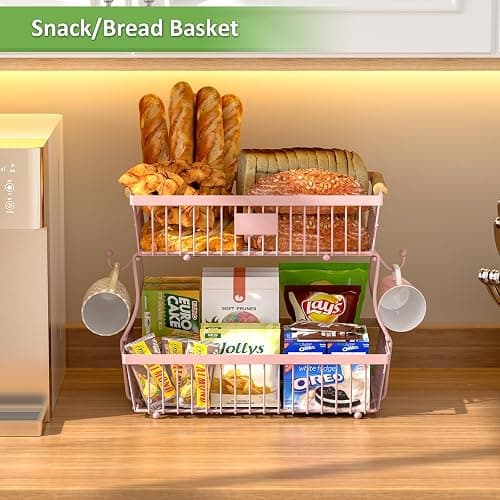 Astrorhine 2 Tier Fruit Basket for Kitchen Counter with 2 Banana Hangers, Countertop Metal Fruit Bowl with Wooden Handle, Large Storage Stand for Vegetables, Snacks, Breads, Produce Storage – Pink thumbnail 5