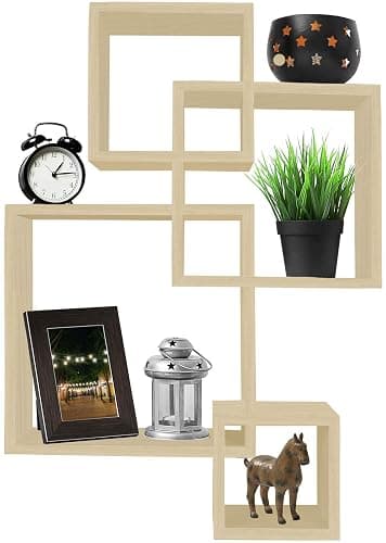 Greenco 4 Cube Intersecting Shelves, Easy-to-Assemble Floating Wall Mount Shelves for Bedrooms and Living Rooms, Natural Finish - Image 1