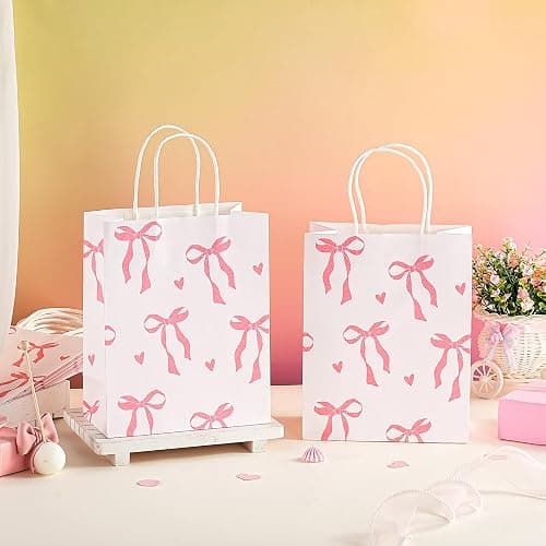 Loveinside Light Pink Bow Paper Gift Bags, Bow Ribbon and Heart Design with Handles Grocery Shopping Bags Candy Goodie Bags for Baby Shower, Birthday, Wedding, Anniversary, 8" x 4" x 10", 12 Pcs thumbnail 3